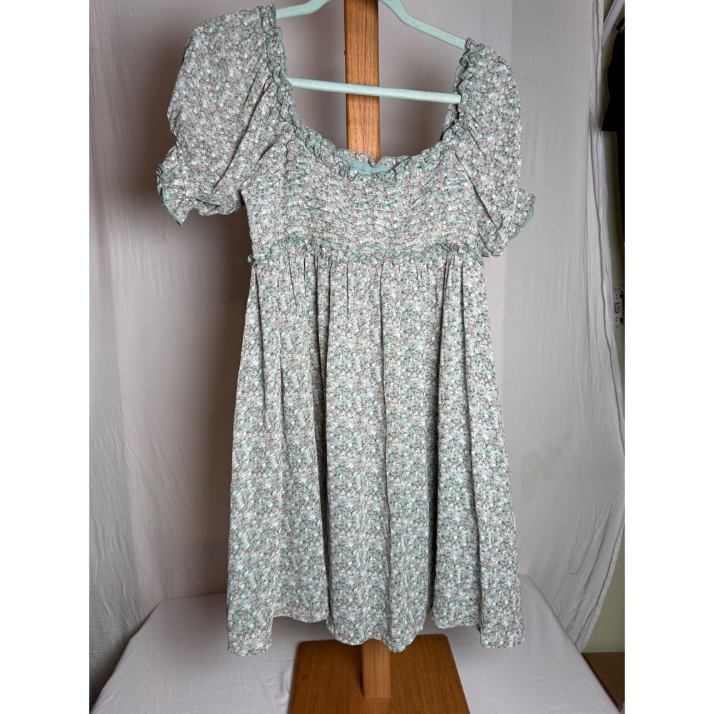 Storia Sage Green Floral Smocked Puff Sleeve Mini Dress Cottagecore Womens Small